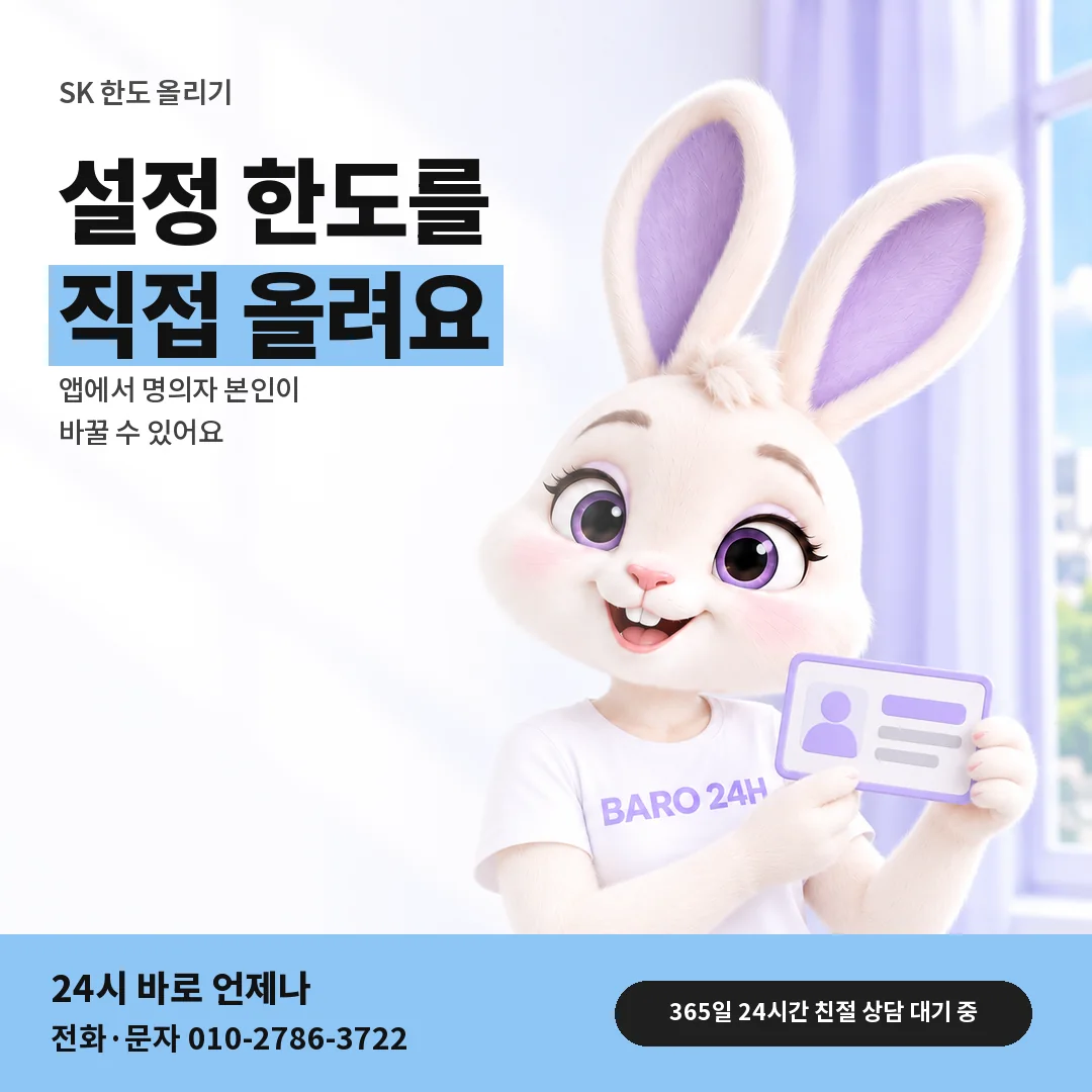 신분증을 든 BARO 24H 티셔츠를 입은 3D 토끼 캐릭터 옆에 「SK 한도 올리는 방법」 제목을 얹은 안내 카드