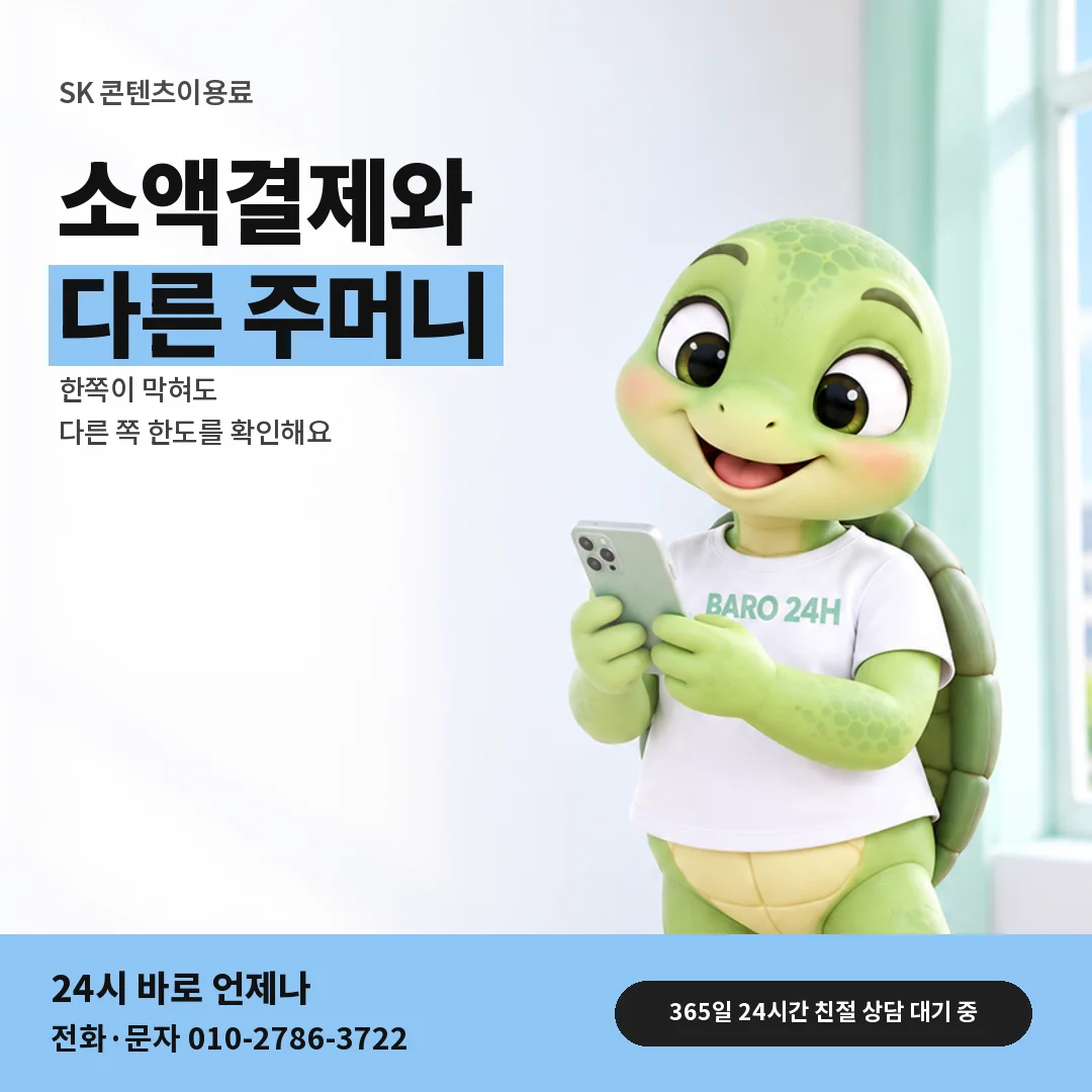 휴대폰을 보며 웃는 BARO 24H 티셔츠를 입은 3D 거북이 캐릭터 옆에 「SK 소액결제와 콘텐츠 한도 차이」 제목을 얹은 안내 카드