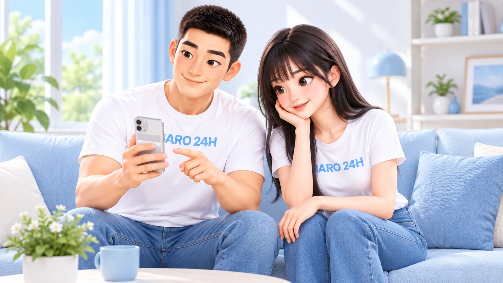 카페 같은 밝은 방에서 휴대폰과 노트북으로 상담 내용을 함께 보는 BARO 24H 티셔츠 차림의 3D 인물
