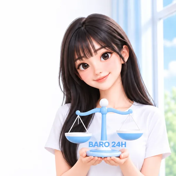 저울을 들고 안내 내용을 비교해 보는 3D 인물